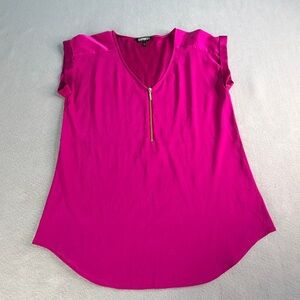 Express Blouse Womens Medium Hot Pink Cap Sleeve Zip Front V Neck  Coquette Work